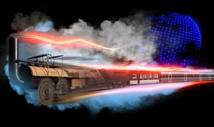 Image of train surrounded by smoke from the engines and red orange and blue colours used to show the train moving at speed